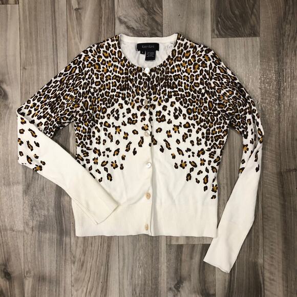 Karen Kane S Animal Print on Ivory Smooth Knit Cardigan Sweater IMMACULATE! - Picture 2 of 15
